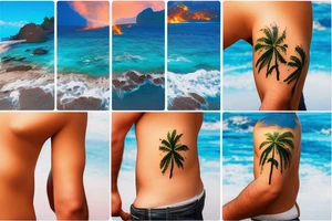 panorama type photo with lava going into the ocean with the sun setting and palm trees but realistic tattoo idea
