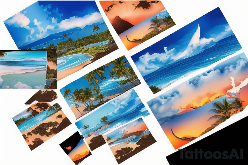 panorama type photo with lava going into the ocean with the sun setting and 5 palm trees but realistic tattoo idea