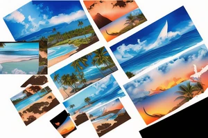 panorama type photo with lava going into the ocean with the sun setting and 5 palm trees but realistic tattoo idea