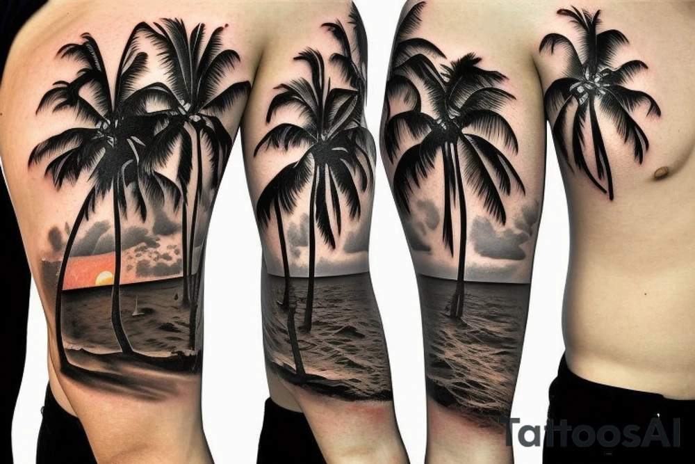 panorama type photo with lava going into the ocean with the sun setting and 5 palm trees but realistic tattoo idea