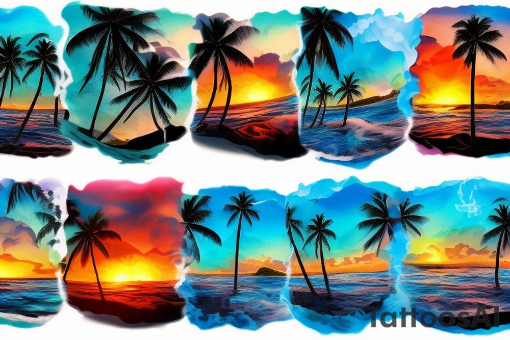 lava going into the ocean with waterfalls mixing with palm trees and sunset tattoo idea