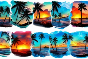 lava going into the ocean with waterfalls mixing with palm trees and sunset tattoo idea