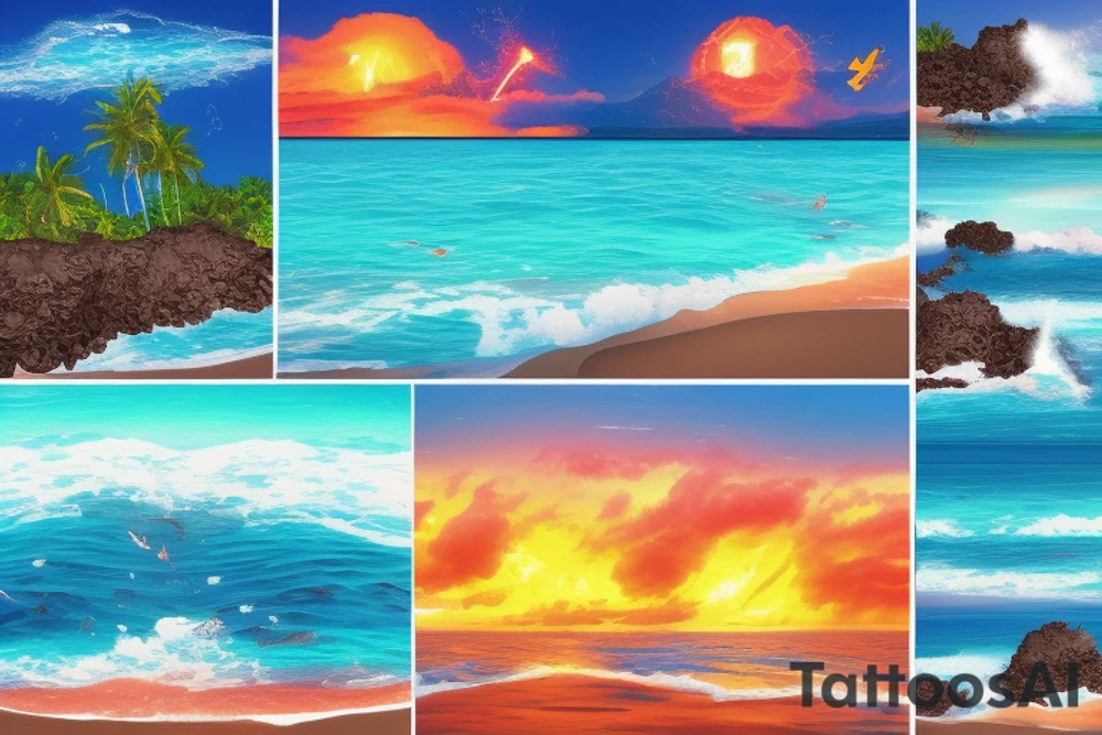 lava going into the ocean with waterfalls mixing with palm trees and sunset tattoo idea