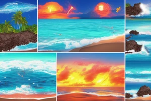 lava going into the ocean with waterfalls mixing with palm trees and sunset tattoo idea