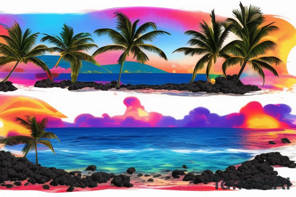 lava going into the ocean with waterfalls mixing with palm trees and sunset and realistic tattoo idea