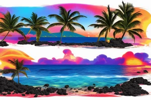 lava going into the ocean with waterfalls mixing with palm trees and sunset and realistic tattoo idea