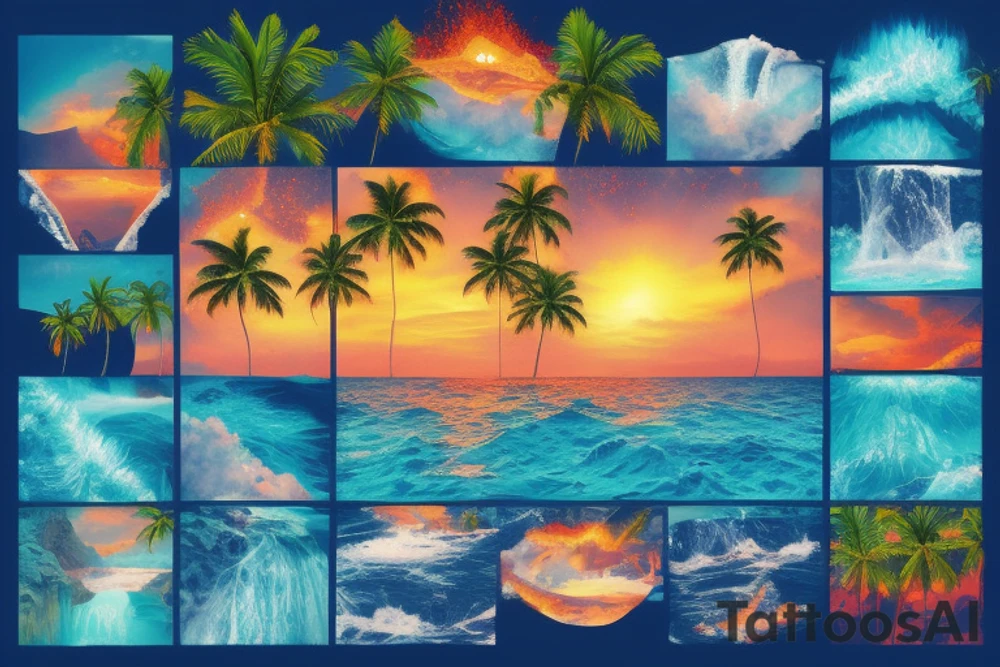 lava going into the ocean with waterfalls mixing with palm trees and sunset and realistic tattoo idea