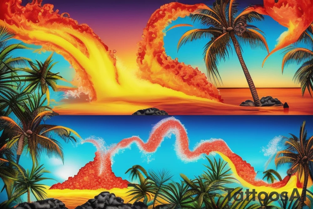 lava going into the ocean with waterfalls mixing with palm trees and sunset and realistic tattoo idea