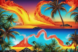 lava going into the ocean with waterfalls mixing with palm trees and sunset and realistic tattoo idea