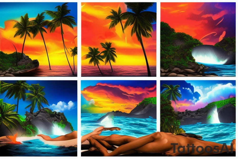 lava going into the ocean with waterfalls mixing with palm trees and sunset and realistic tattoo idea