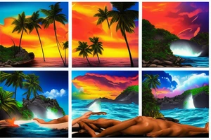 lava going into the ocean with waterfalls mixing with palm trees and sunset and realistic tattoo idea