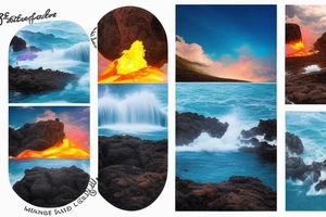 realistic photo with the ocean lava flowing down a cliff with waterfalls and sunset tattoo idea