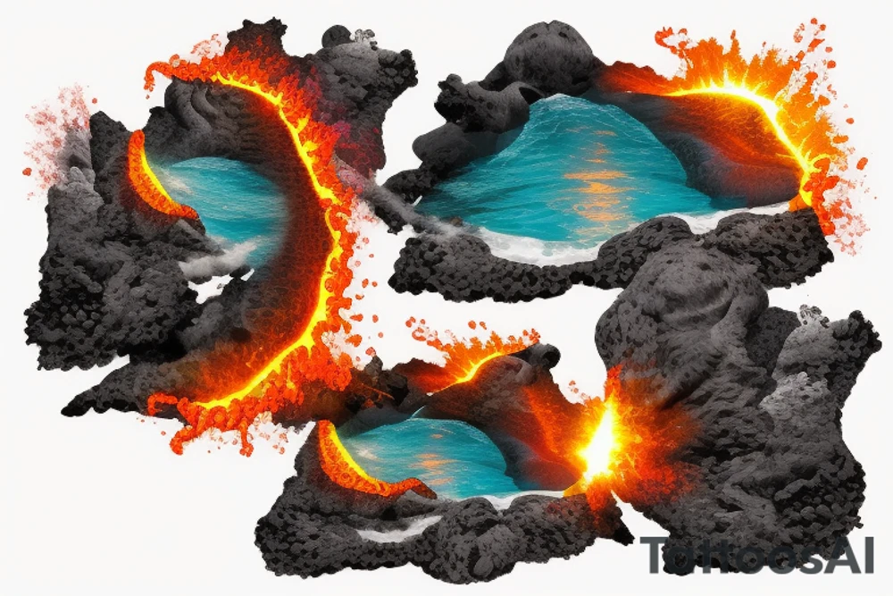 realistic photo with the ocean lava flowing down a cliff with waterfalls and sunset tattoo idea