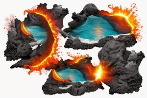 realistic photo with the ocean lava flowing down a cliff with waterfalls and sunset tattoo idea