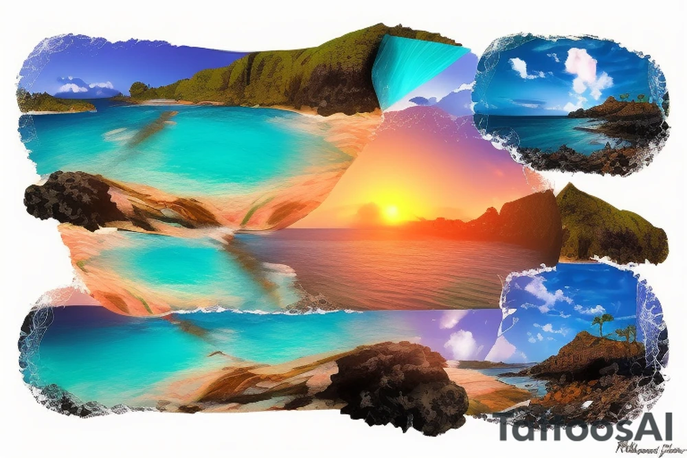 realistic photo with the ocean lava flowing down a cliff with waterfalls and sunset with palm trees tattoo idea