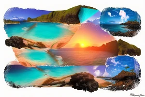 realistic photo with the ocean lava flowing down a cliff with waterfalls and sunset with palm trees tattoo idea