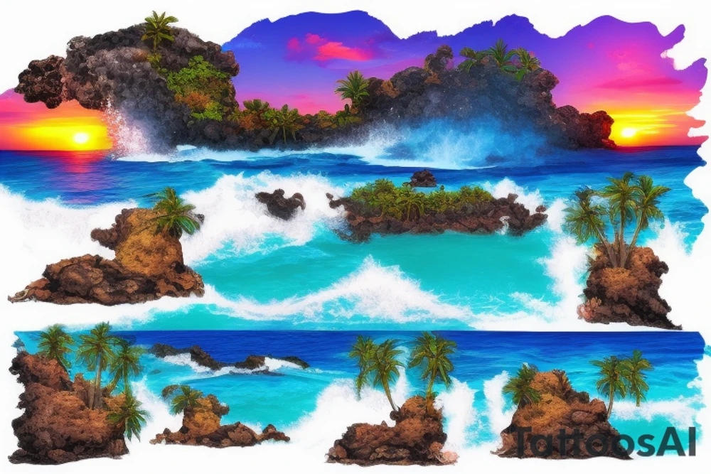 realistic photo with the ocean lava flowing down a cliff with waterfalls and sunset with palm trees tattoo idea