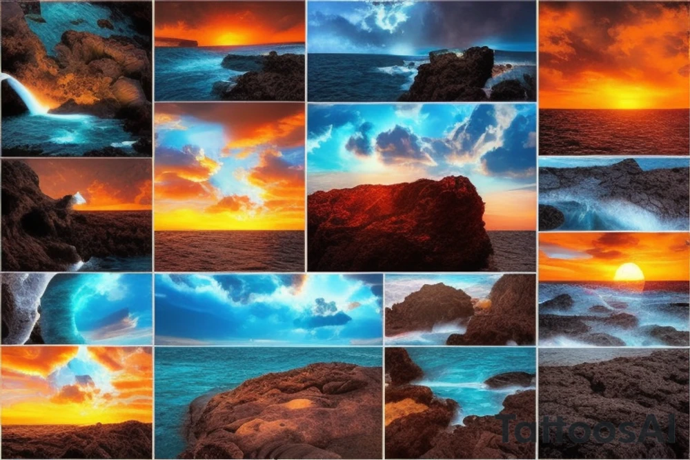 realistic photo with the ocean lava flowing down a cliff with waterfalls and sunset with palm trees tattoo idea