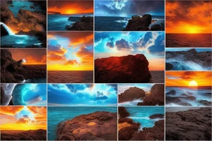 realistic photo with the ocean lava flowing down a cliff with waterfalls and sunset with palm trees tattoo idea