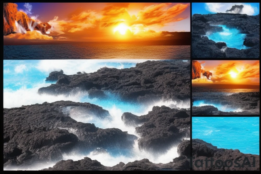realistic photo with the ocean lava flowing down a cliff with waterfalls and sunset with palm trees tattoo idea