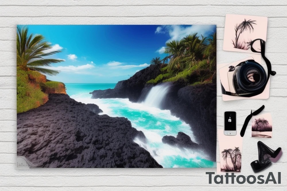 realistic photo with the ocean lava flowing down a cliff with waterfalls and sunset with palm trees tattoo idea