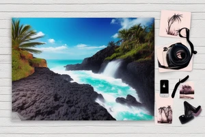 realistic photo with the ocean lava flowing down a cliff with waterfalls and sunset with palm trees tattoo idea