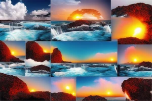 realistic photo with the ocean lava flowing down a cliff with waterfalls and sunset with palm trees tattoo idea
