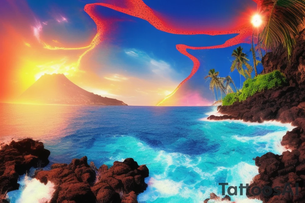 realistic photo with the ocean lava flowing down a cliff with waterfalls and sunset with palm trees tattoo idea