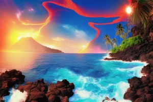 realistic photo with the ocean lava flowing down a cliff with waterfalls and sunset with palm trees tattoo idea