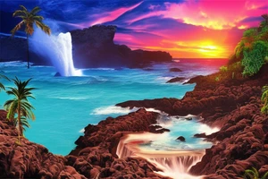 realistic photo with the ocean lava flowing down a cliff with waterfalls and sunset with palm trees tattoo idea