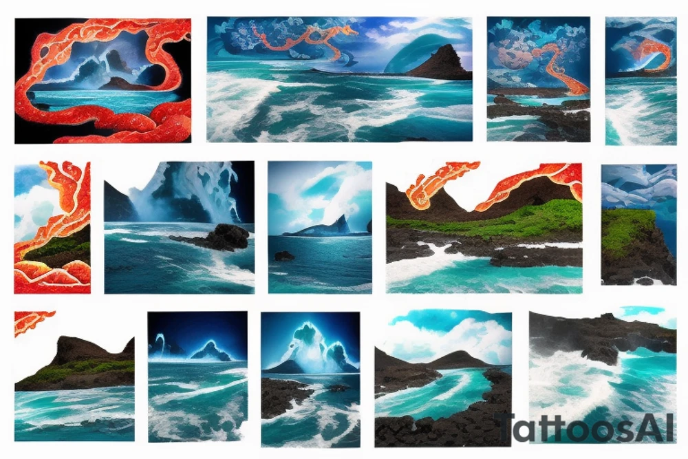 realistic photo with the ocean flowing through the middle with two cliffs one with waterfalls and palm trees and the other lava flowing tattoo idea
