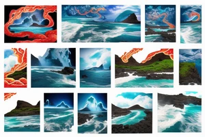 realistic photo with the ocean flowing through the middle with two cliffs one with waterfalls and palm trees and the other lava flowing tattoo idea