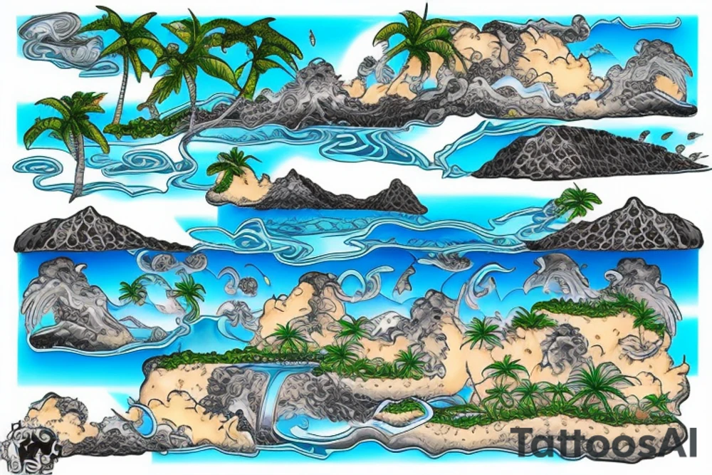realistic photo with the ocean flowing through the middle with two cliffs one with waterfalls and palm trees and the other lava flowing tattoo idea