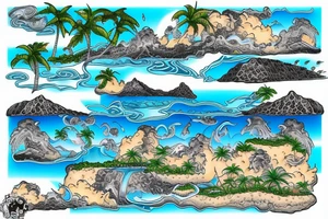 realistic photo with the ocean flowing through the middle with two cliffs one with waterfalls and palm trees and the other lava flowing tattoo idea
