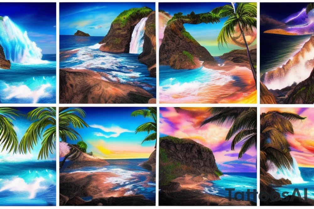 realistic photo with the ocean flowing through the middle with two cliffs one with waterfalls and palm trees and the other lava flowing tattoo idea
