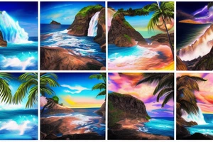 realistic photo with the ocean flowing through the middle with two cliffs one with waterfalls and palm trees and the other lava flowing tattoo idea