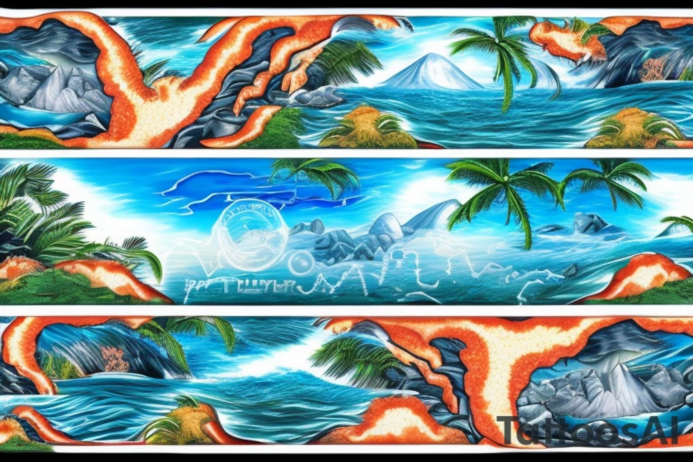 realistic photo with the ocean flowing through the middle with two cliffs one with waterfalls and palm trees and the other lava flowing tattoo idea