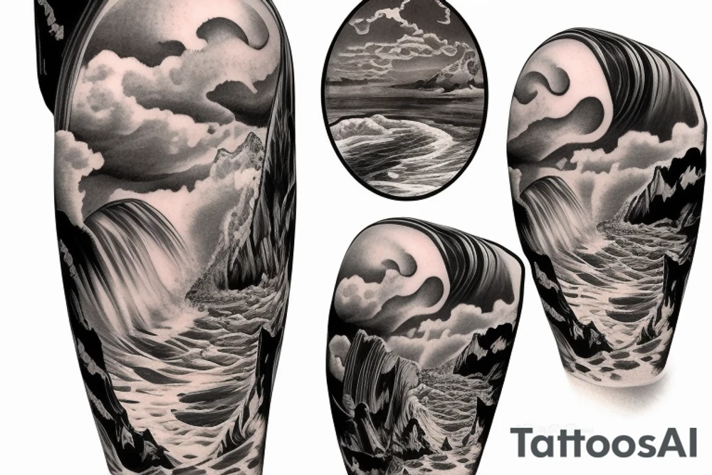 realistic photo with the ocean flowing through the middle with two cliffs one with waterfalls and palm trees and the other lava flowing tattoo idea