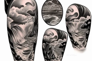 realistic photo with the ocean flowing through the middle with two cliffs one with waterfalls and palm trees and the other lava flowing tattoo idea