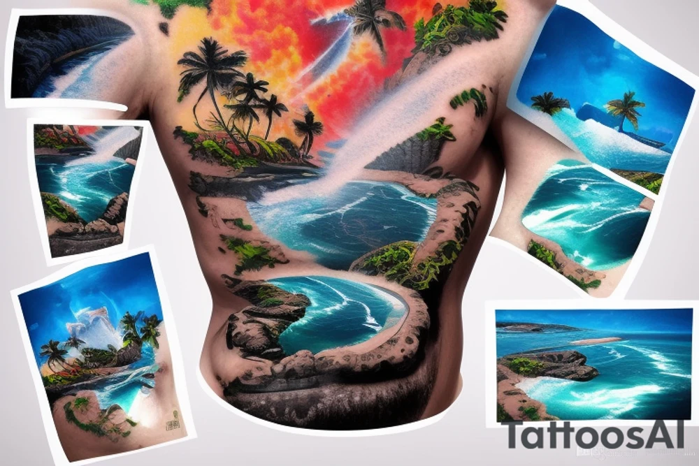 realistic photo with the ocean flowing through the middle with two cliffs one with waterfalls and palm trees and the other lava flowing tattoo idea