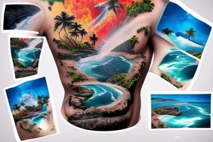 realistic photo with the ocean flowing through the middle with two cliffs one with waterfalls and palm trees and the other lava flowing tattoo idea