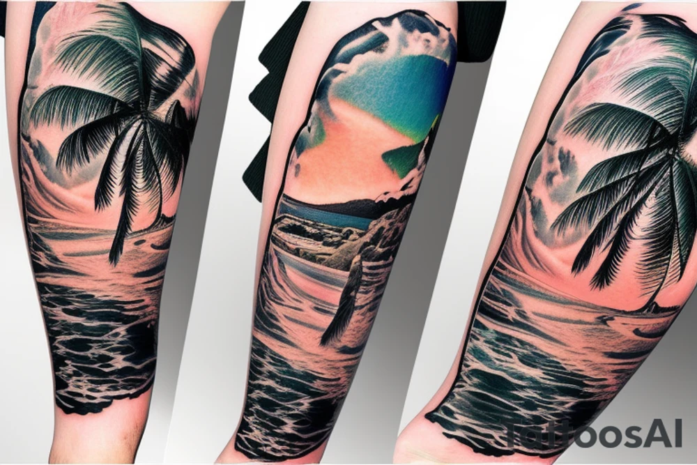 realistic photo with the ocean/river flowing through the middle with two cliffs one with waterfalls and palm trees and the other lava flowing tattoo idea