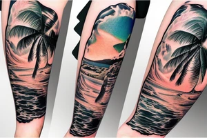 realistic photo with the ocean/river flowing through the middle with two cliffs one with waterfalls and palm trees and the other lava flowing tattoo idea