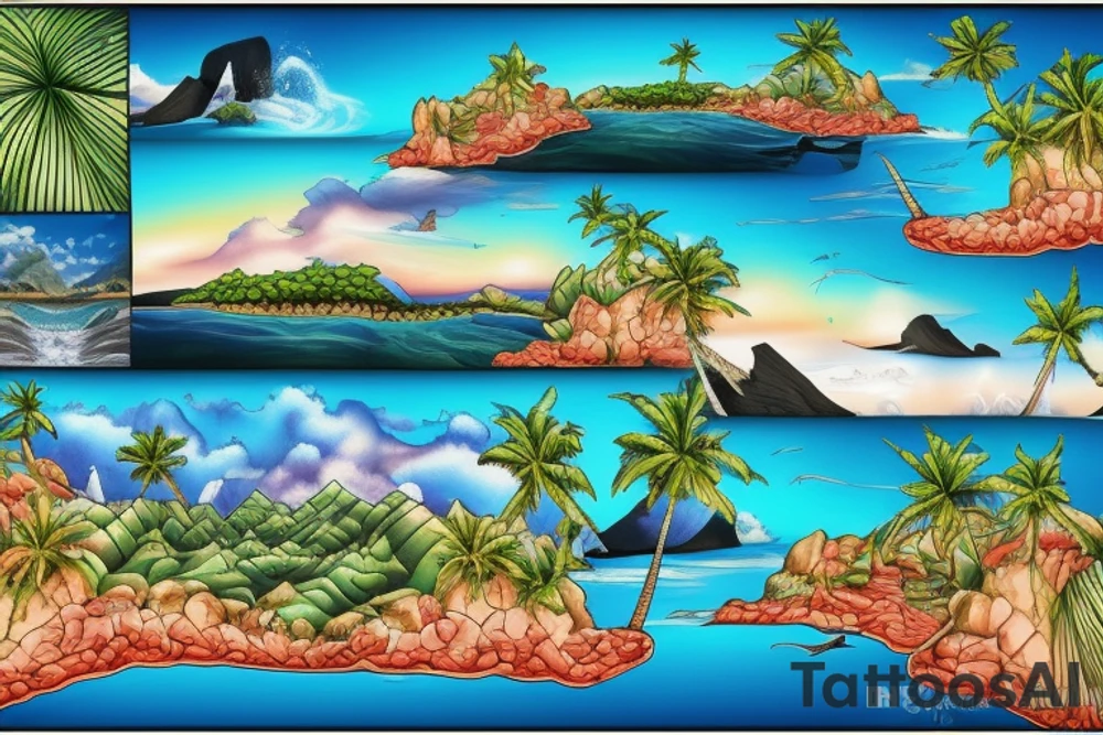 realistic photo with the ocean/river flowing through the middle with two cliffs one with waterfalls and palm trees and the other lava flowing tattoo idea