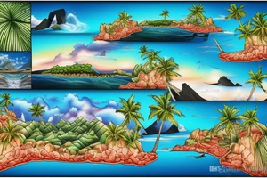 realistic photo with the ocean/river flowing through the middle with two cliffs one with waterfalls and palm trees and the other lava flowing tattoo idea