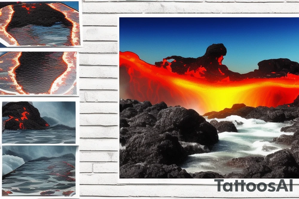 realistic photo of lava flowing into the water on one side and waterfalls and palm trees on the other over a sunset tattoo idea
