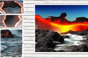 realistic photo of lava flowing into the water on one side and waterfalls and palm trees on the other over a sunset tattoo idea