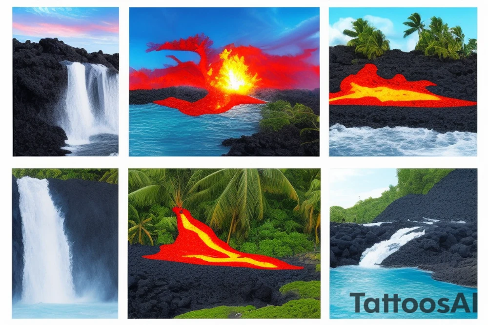 realistic photo of lava flowing into the water on one side and waterfalls and palm trees on the other over a sunset tattoo idea