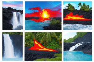 realistic photo of lava flowing into the water on one side and waterfalls and palm trees on the other over a sunset tattoo idea