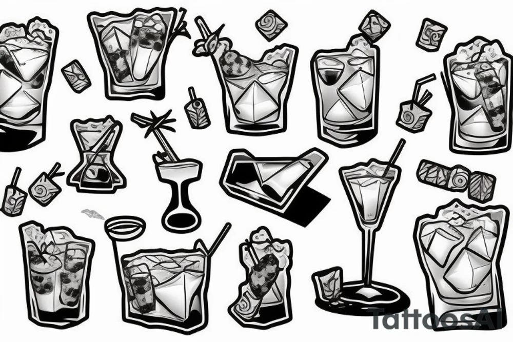 cocktail on the rocks with big block of ice held in hand upright tattoo idea